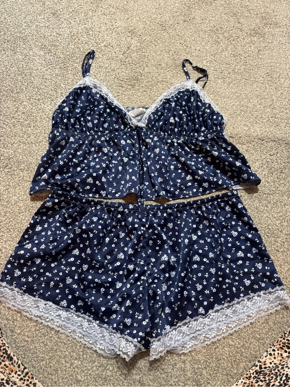Navy Floral Lace-Trim Cami & Short Sleep Set